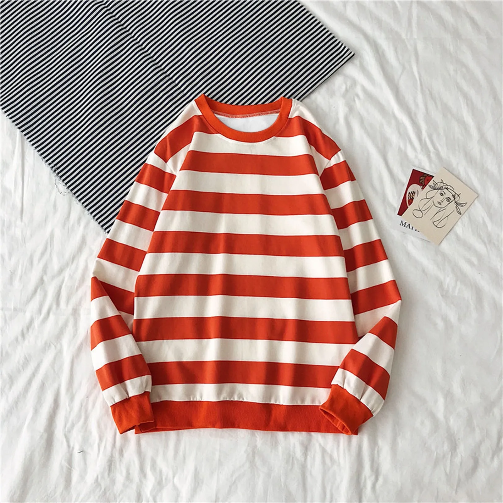 2023 New Women Autumn Winter Stripe Sweatshirt Cotton Round Neck Pullover Tops Long Sleeved Harajuku Korean Oversized Blouse