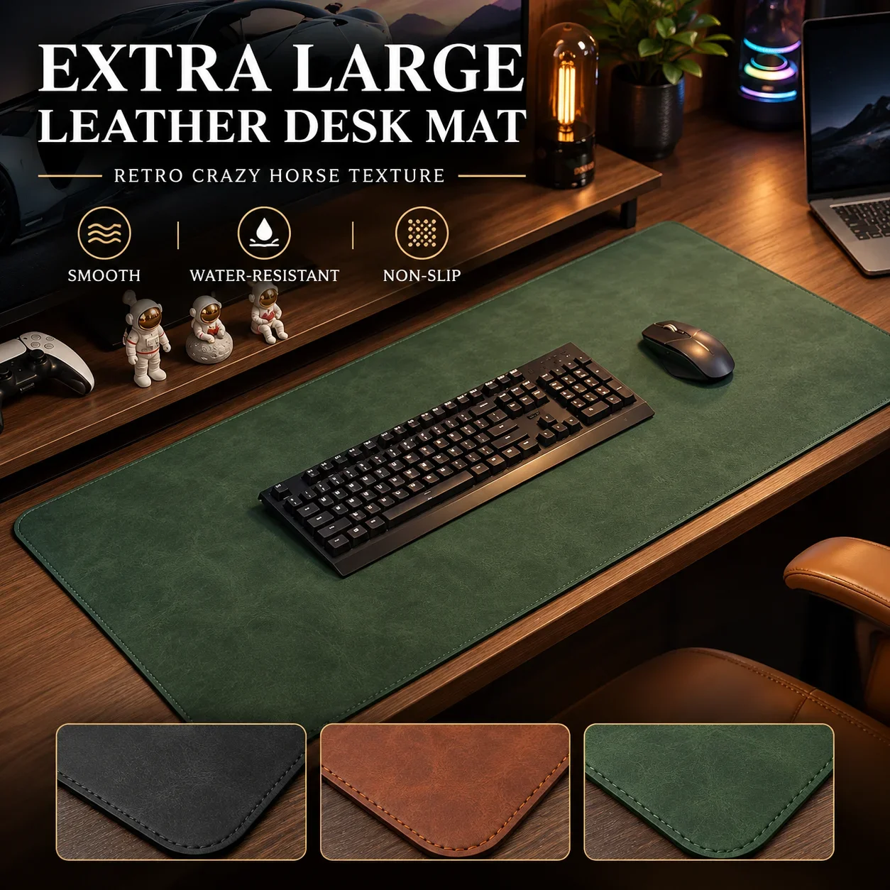 Waterproof Crazy Horse PU Desk Mat, Large Non-Slip Gaming Mouse Pad with Portable Suede Design for Computer Keyboard and Desktop