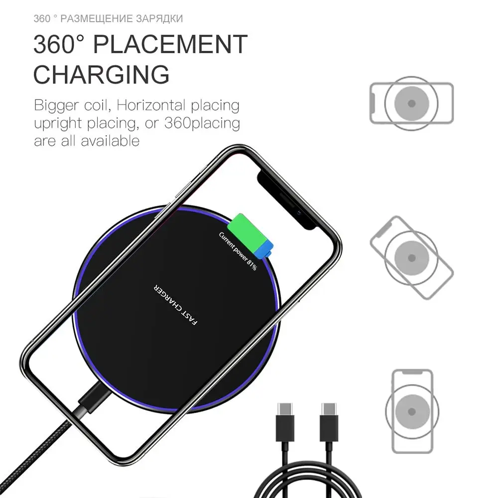 

100W Wireless Charger Fast Charging Disc Metalbottom Supporting 1m Type-C Data Cable Mobile Phone Accessories for iPhone Samsung