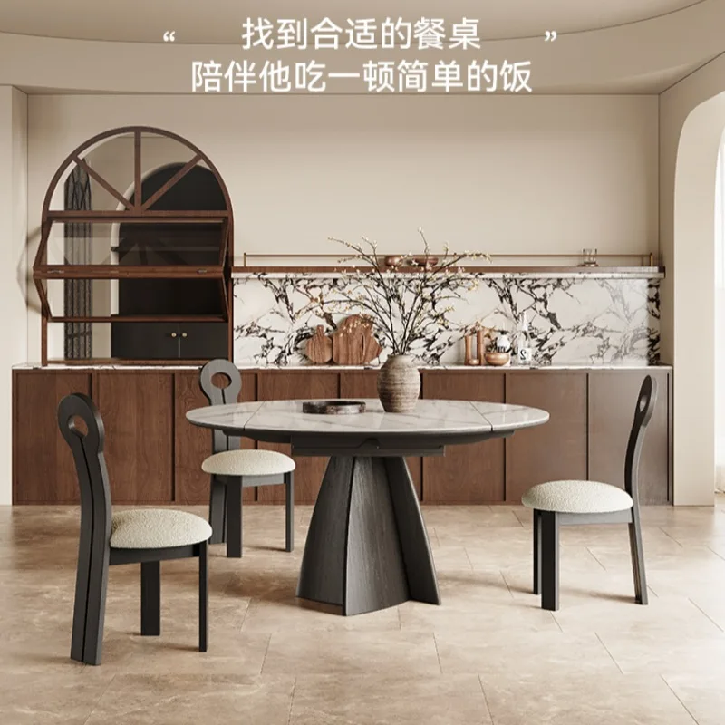 Wabi Sansan retractable rock slab dining table light luxury high-end French retro solid wood modern simple small apartment