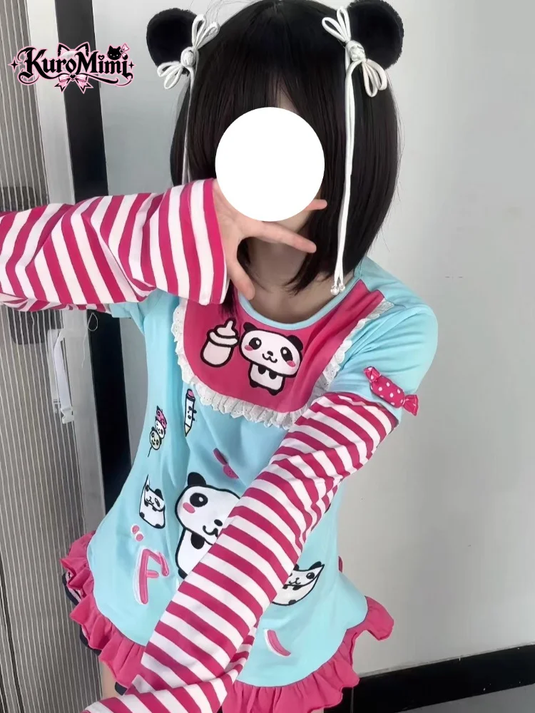 Y2K Harajuku Kawaii Panda Graphic Print Layered Striped Long Sleeve T Shirt Women Ruffle Trim Hem Loose Fit Casual Streetwear