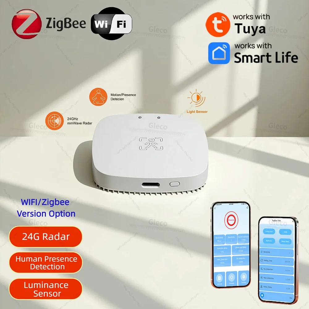 

Wifi/Zigbee 24G mmWave Radar Human Presence Sensor Static Motion Detector With Light Distance Detection For Smart Life Tuya APP