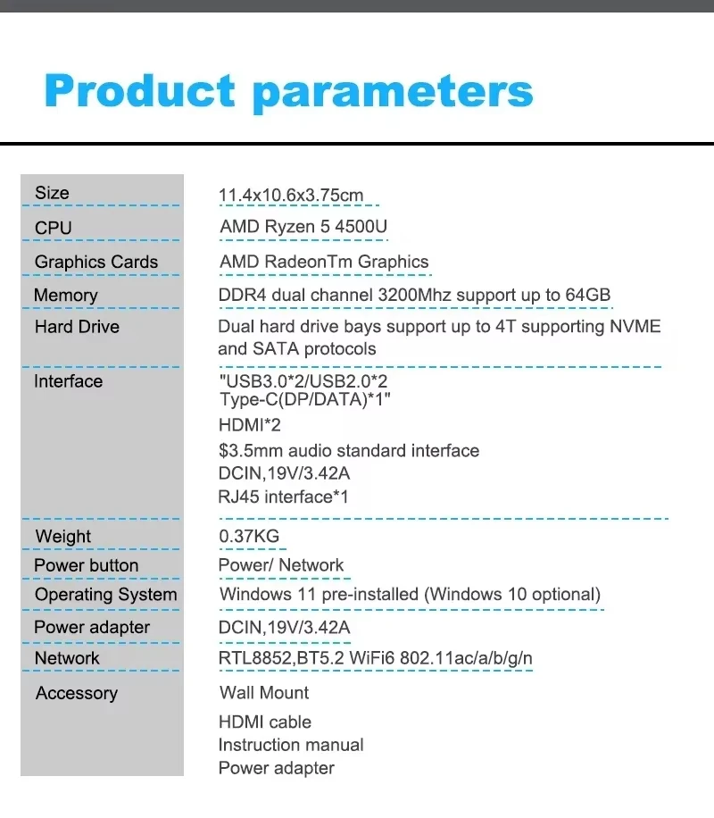 SZBOX Mini PC Ryzen 5 4500U/5600H Ryzen7 4700U/5825U PC de bolsillo Windows11 DDR4 3200Mhz NVME SSD WiFi 6 BT 5,2 computadora para juegos