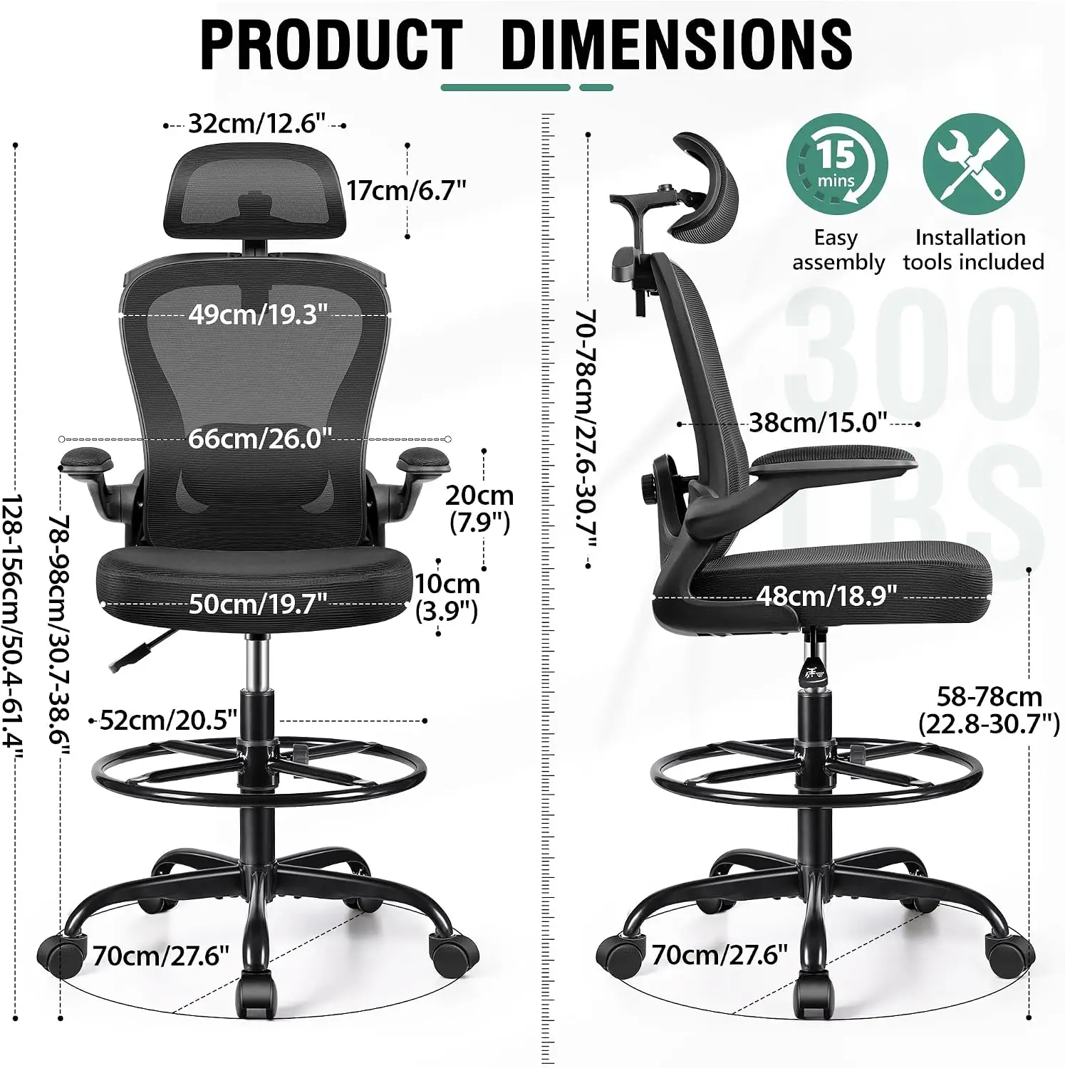 Drafting Chair, Tall Office Chair with 3D Lumbar & Head Support, Ergonomic Mesh Standing Desk Chair with Footring, Comfy Extende