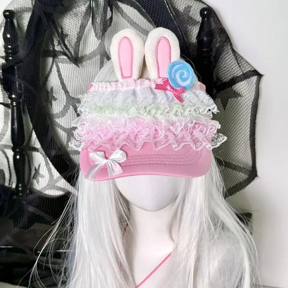 Subculture Cute Rabbit Ear Lollipop Empty Top Cap Hat Summer Sweet Cool Spicy Girl Handmake Sun Hats Landmine Y2K Headwear