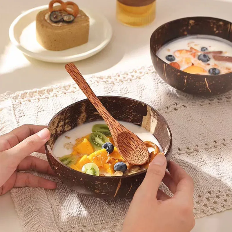 Kitchen Set Natural Coconut Bowls For Serving Dishes Wooden Reusable Bowl Utensils Wood Spoon Natural Coconut Shell Bowls
