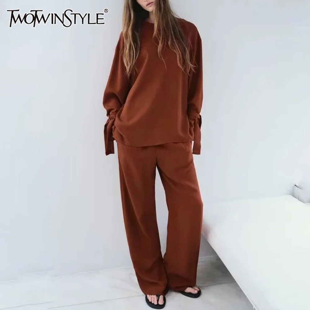 TWOTWINSTYLE Solid Casual Two Piece Sets For Women Round Neck Long Sleeve Tops High Waist Straight Pants Minimalist Set Female