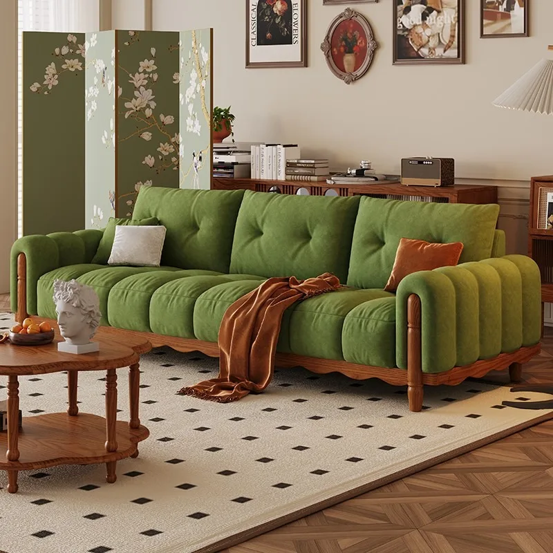 French retro style medieval solid wood three-person straight row cloth sofa small apartment fabric multi-color sofa