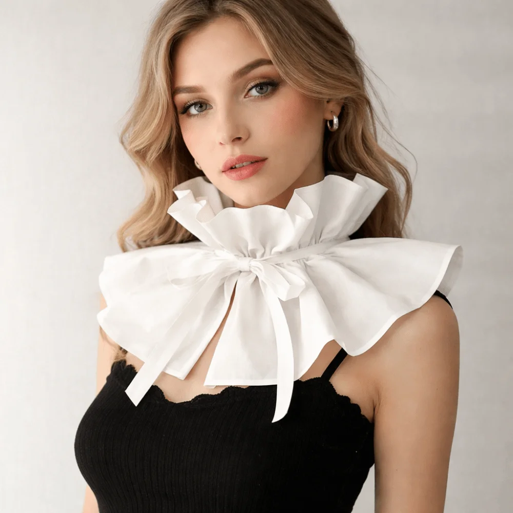 Ribbon Tie Detachable False Collar High Neck Polyester Faux Ruffled Shawl Ruff White Lace Up Pleated Retro Fake Stand Collar