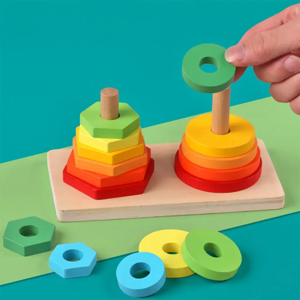 Wooden Shape Sorting Stacking Blocks Toy for Kids Age 2 3 4 Years Educational Puzzle Game Color Matching Preschool Learning Gift