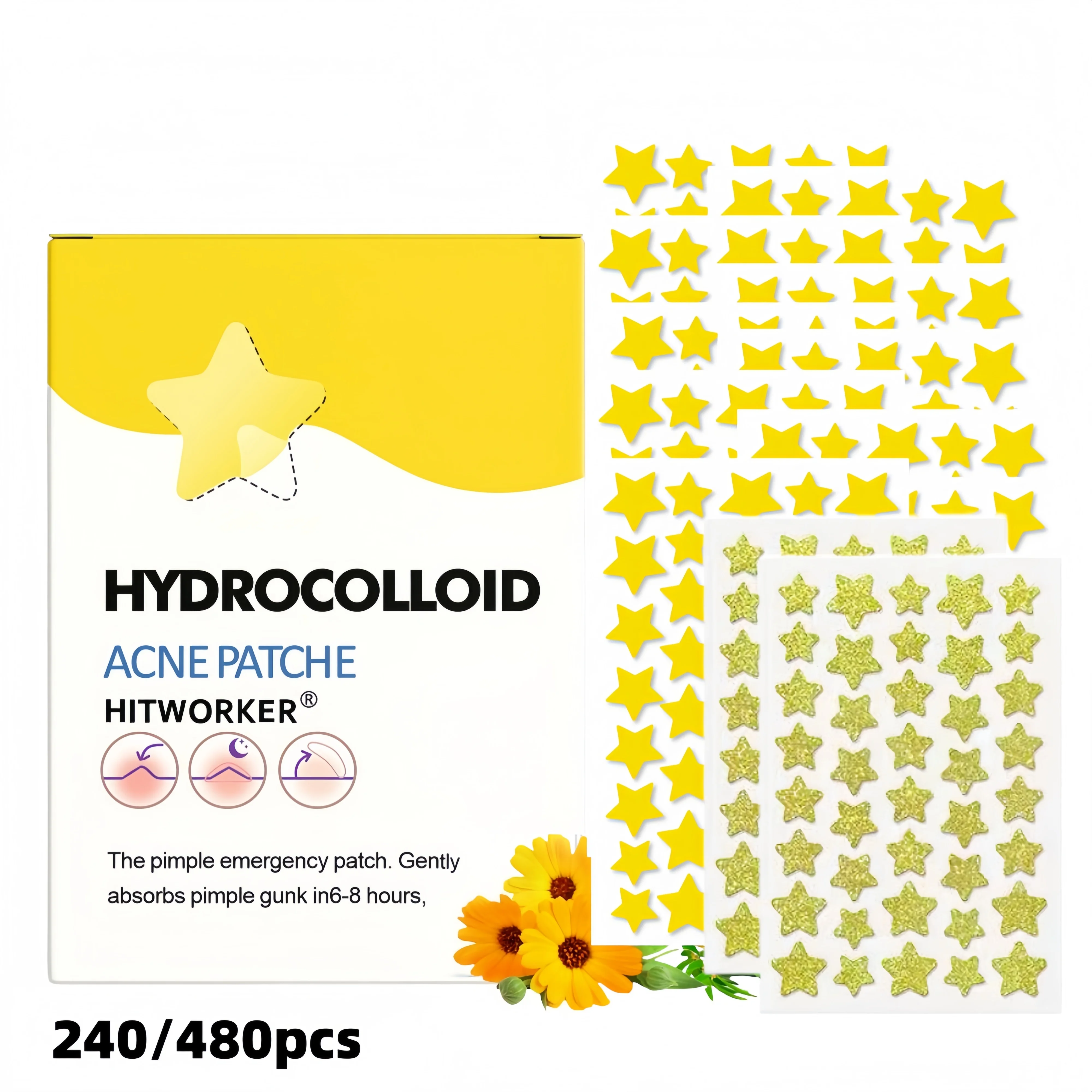 240/480pcs Face Star Hydrogel Patches 3 Sizes, Invisible Thin Fit Cover Conceal Cleanse Unisex Glitter Regular