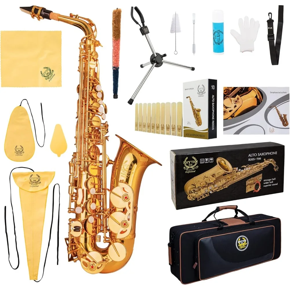 Saxophone With Carrying Sax Case,Full set Cleaning and Care kit,Sax Foldable Stand,box of reeds,Mouthpiece,Straps Gold Color