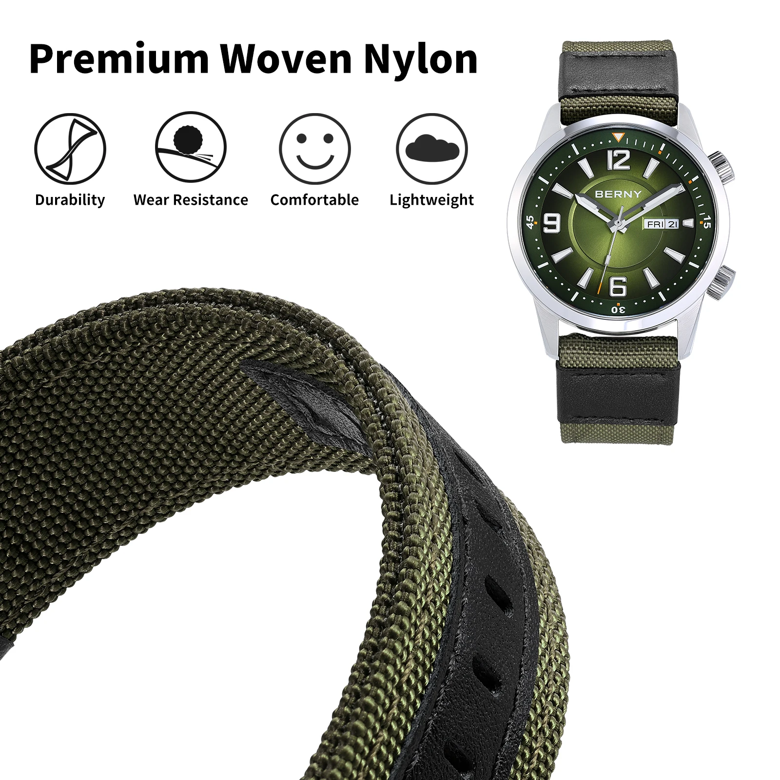 BERNY 20/22 mm Nylon-Uhrenarmband, atmungsaktiv, Sport-Uhrenarmbänder, gewebtes Nylon-Armband, Haltbarkeit, Stahlschnalle, werkzeugloses Uhrenarmband – Detail 13