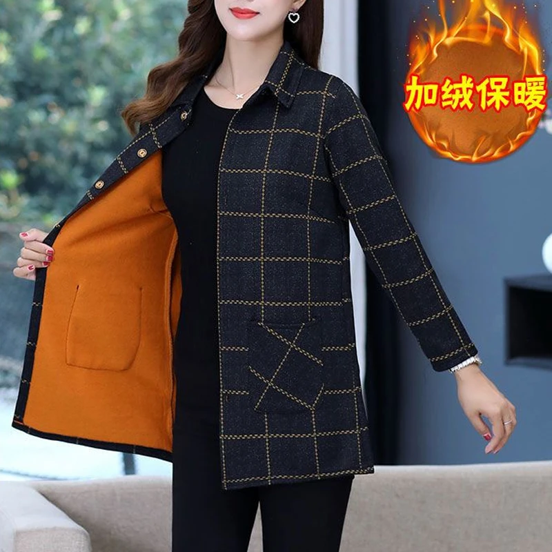 Winter New Plaid Fleece Pockets Patchwork Blouse Long Sleeve Loose Plus Size Vintage Shirt Tops Casual Fashion Women Clothing