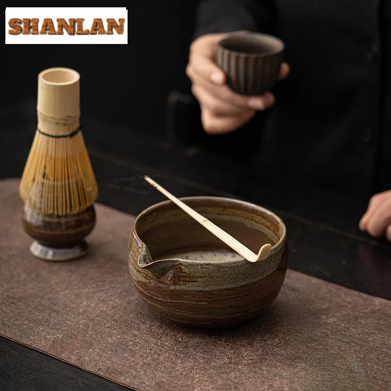 HOYIHM Japanese Coarse Pottery Matcha Tea Set Bamboo Tea Brush Ceramic Tea Bowl Composition Traditional Tea Tools Holiday Gifts