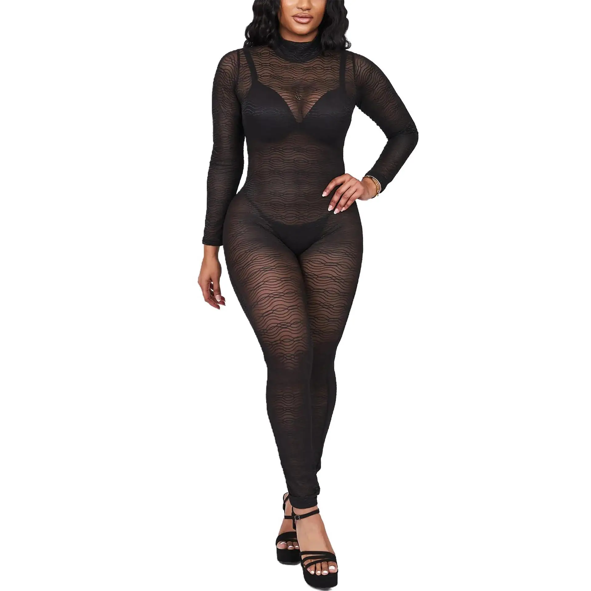 

Стильный женский комбинезон из прозрачной сетки с длинными рукавами, облегающий, летний, 2026, для вечеринок и ночных клубов