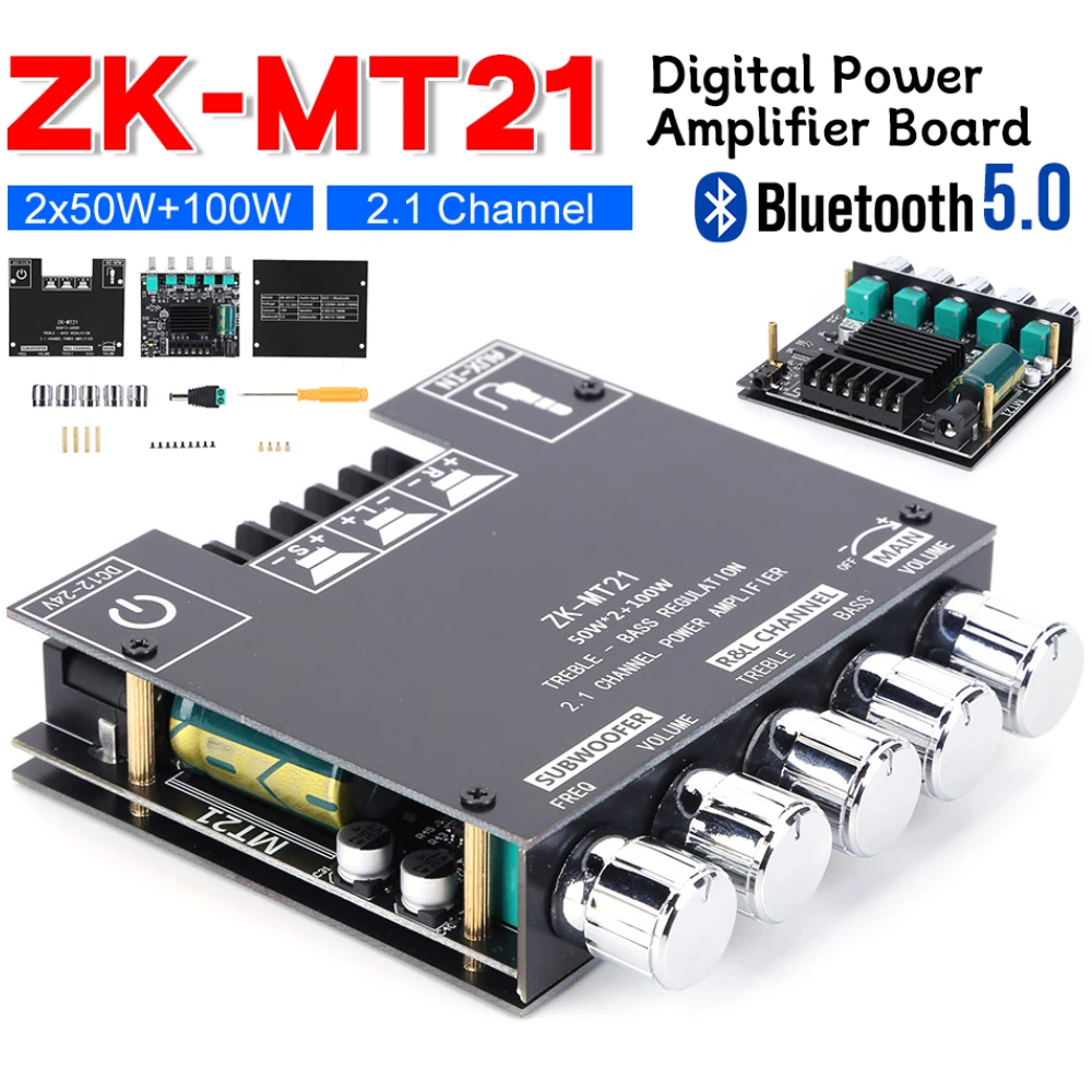 Carte d'amplificateur de caisson de basses numérique ZK-MT21 50Wx2 AUX 12V 24V 2.1 canaux compatible Bluetooth Audio Power Amplifier Board Tech