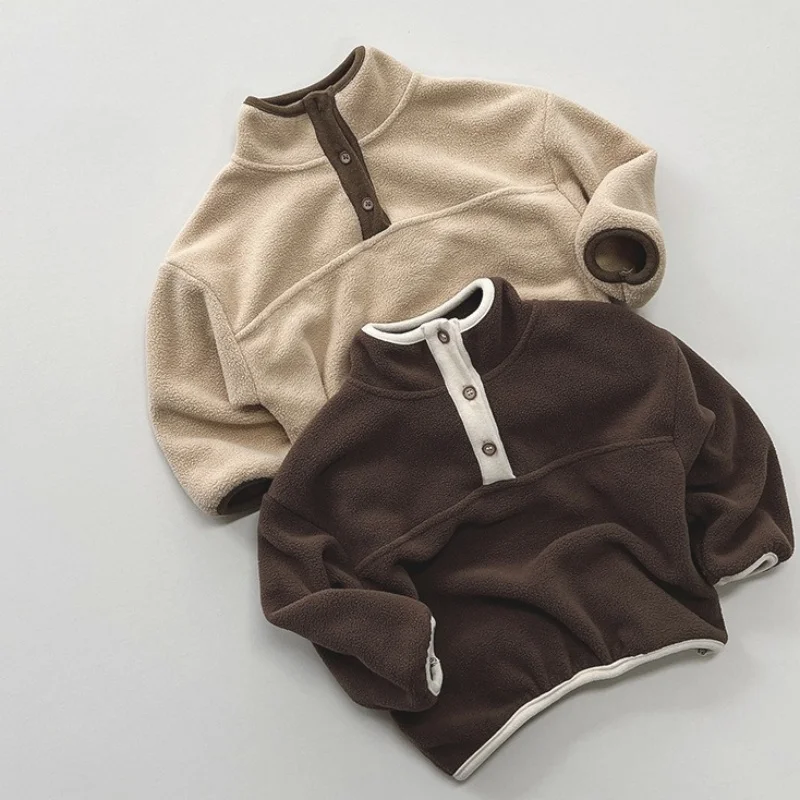 2026 Autumn Winter Unisex Kids Color Blocking Fleece Coat Fashion Long Sleeve Pullover Children Warm and Lightweight Outerwear