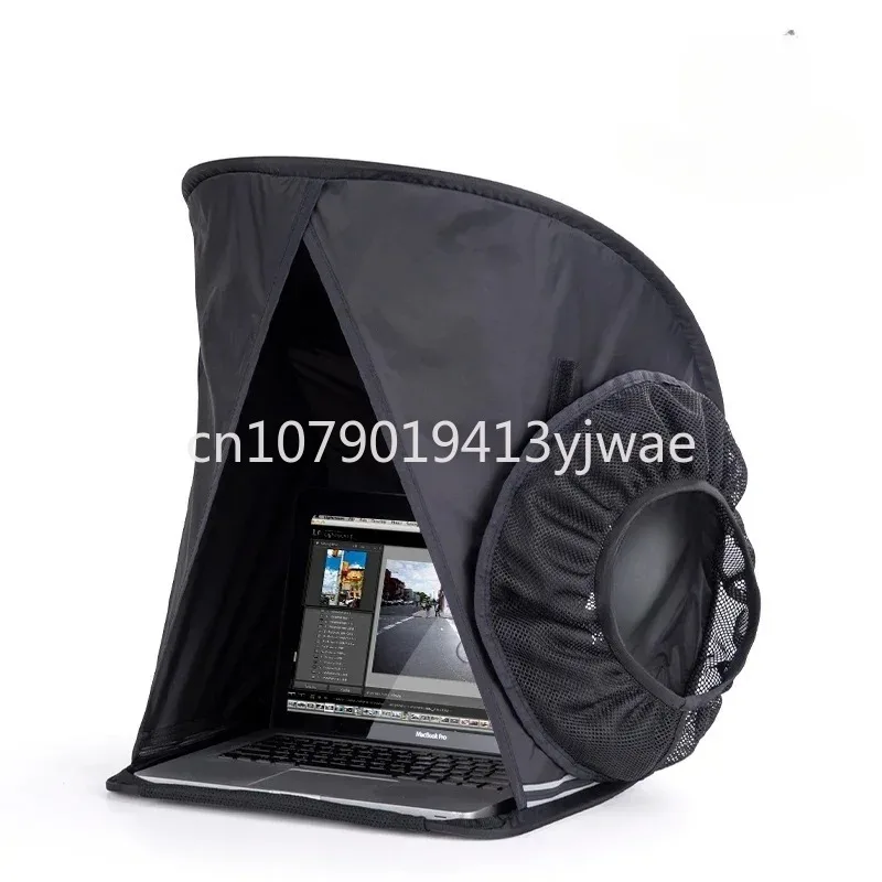 Laptop hood, foldable, external shot, outdoor, shading, rain protection, screen, protective cover.