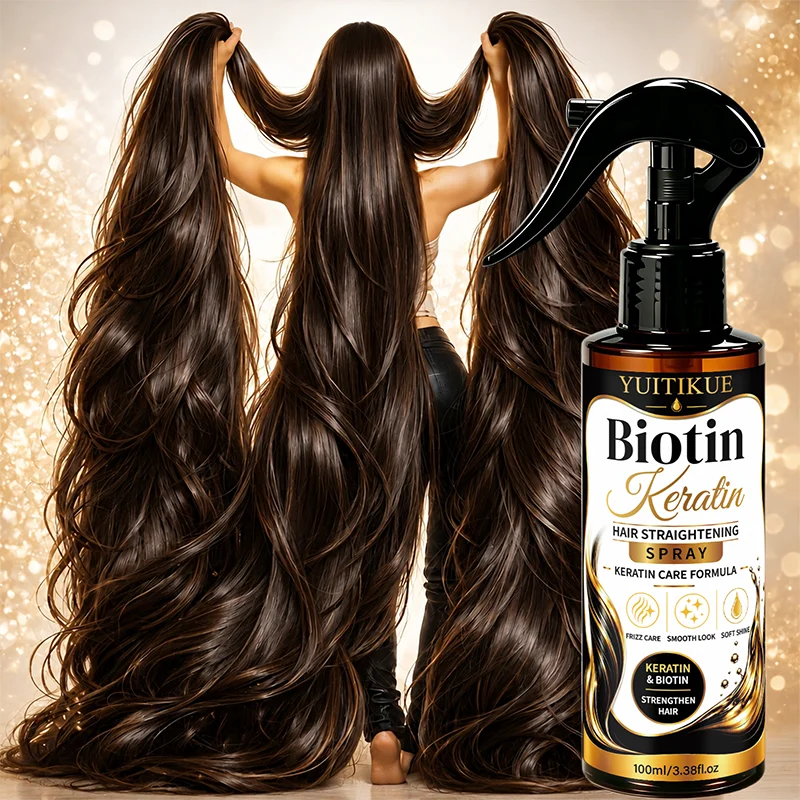 Biotin Keratin Straightening Hair Spray 100ml, Tames Frizz Smooth Shine, Plant Formula Strengthens Hair for All Hair Types