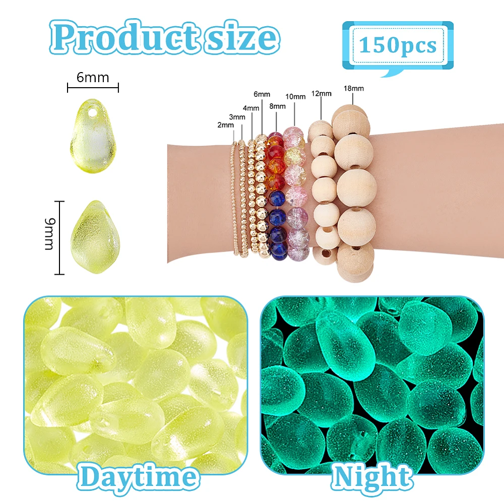 150個-発光透明ティアドロップガラスチャーム-diy-ジュエリーアクセサリー-イエロー-9x6mm