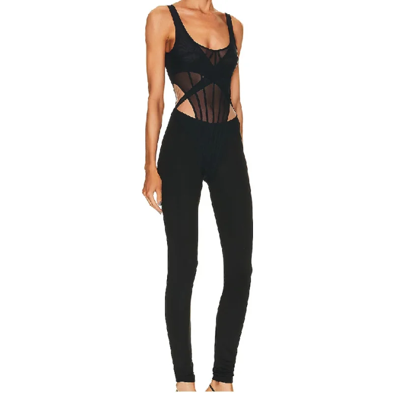 New Summer Special Design Sexy Hollow Out See Through Mesh Sleeveless Black Bandage Jumpsuit Fashion Woman Party Vestido