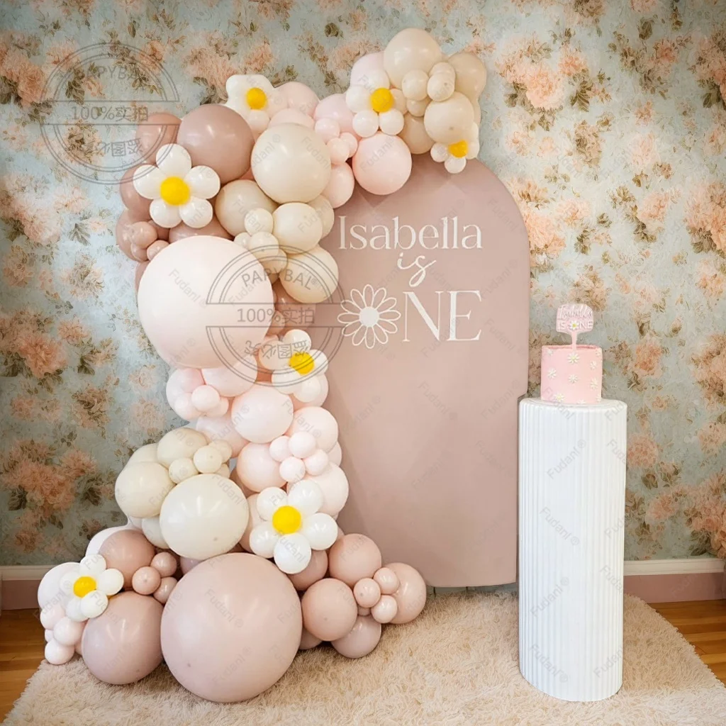 141Pcs 화이트 데이지 해바라기 테마 풍선 아치 키트 화이트 핑크 옐로우 라텍스 Ballon 웨딩 생일 베이비 샤워 파티 장식