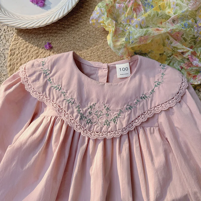

French retro floral embroidered girls' dress2025Autumn Style Doll Collar Elegant Long Sleeve Children's Outerwear Dress