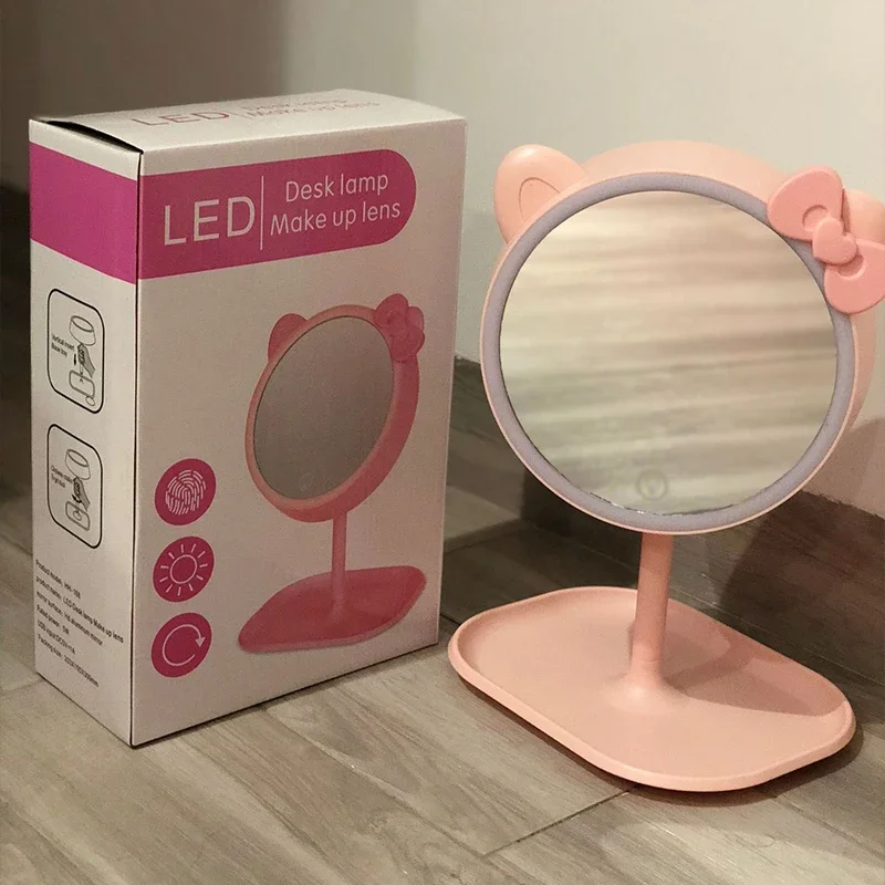 Anime Hello Kitty Led Light Tricolor Spiegel Kawaii USB Kt Nachtlampje Make-up Spiegel Dual Purpose Desktop Slaapzaal Meisjes Cadeau