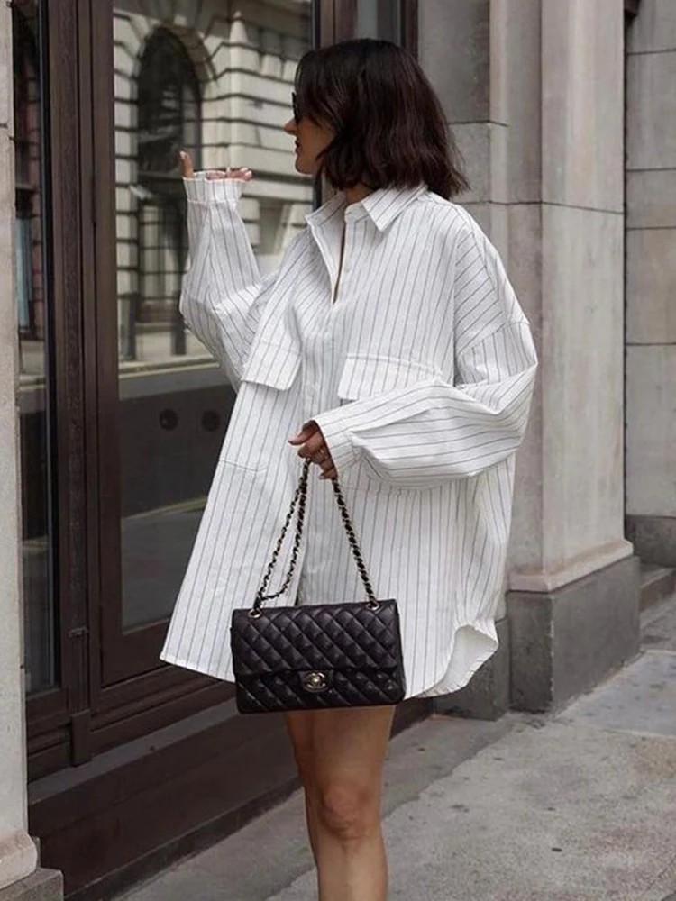 Mumaroho 2023 Autumn Winter Fashion Women Oversized Striped Long Shirt White Casual Long Sleeve Loose Fit Blouse Female