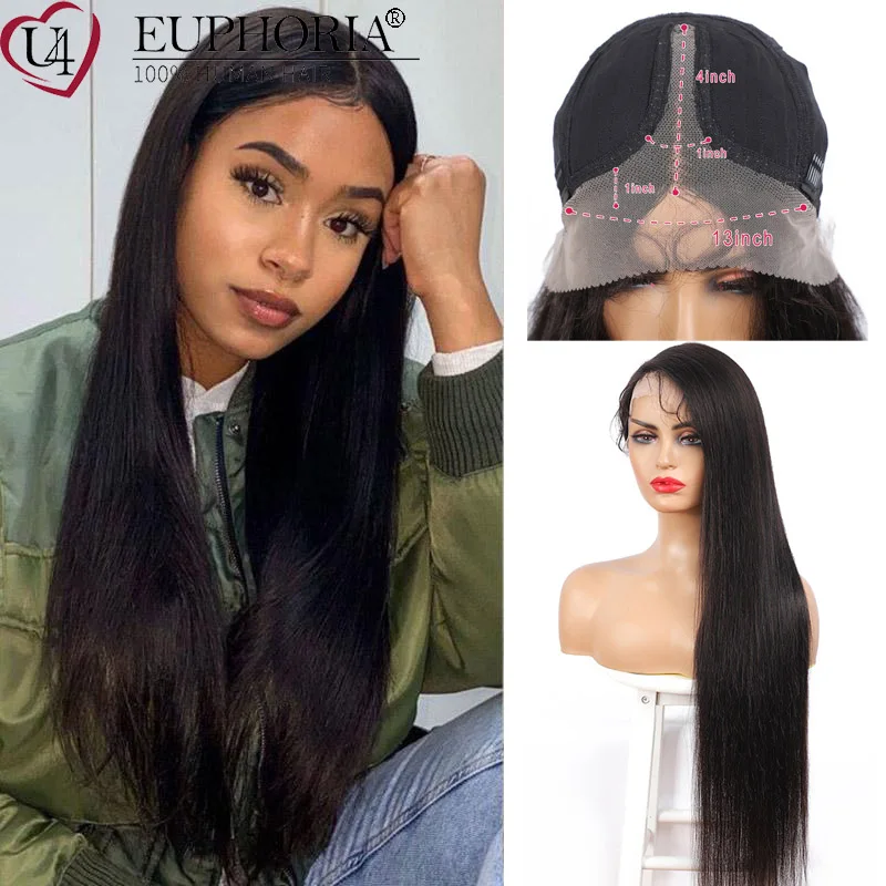 Brazilian Remy Human Hair T Part Wig Natural Color 13x4x1 Lace Closure Wigs Pre-plucked 150% Density EUPHORIA