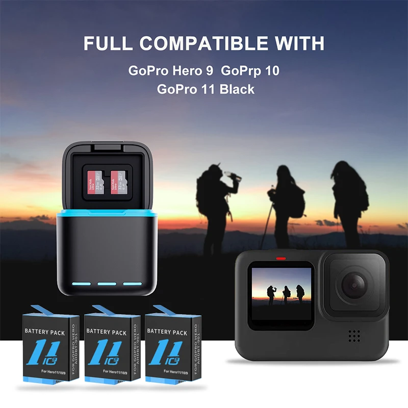 HONGDKA for GoPro Hero 11 10 9 Battery 1800 mAh Battery 3 Ways Fast Charger Box TF Card Storage For Go Pro 11 Accessories