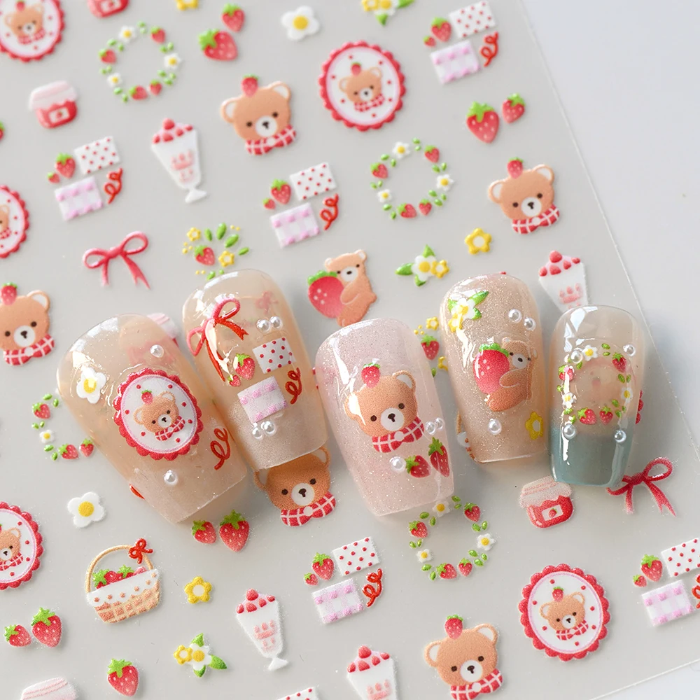 1sheet Cartoon Bear Cute Nail Stickers Strawberry Bow Wreath Lace Self-Adhesive Nail Decals Sliders Kawaii Bear Relief Manicure