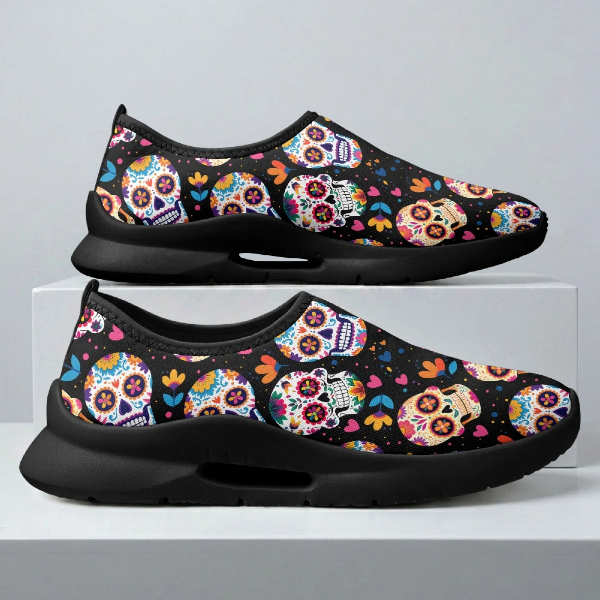 XIXIRIMIDO Skull Flower Mens Casual Shoes Slip On Walking Sneakers Womens Gym Workout Shoes Breathable Mesh Walking Shoes 35-48