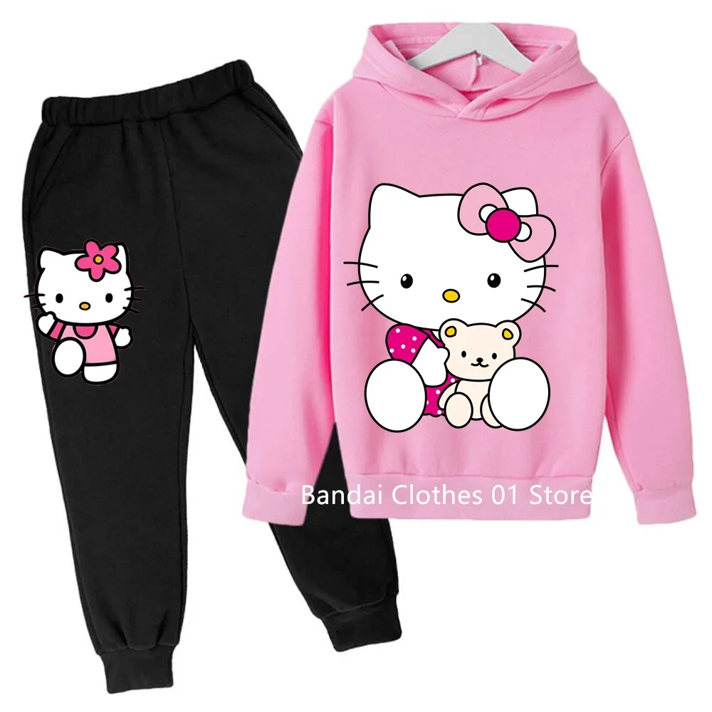 

2024 Kawaii Hello Kitty Hoodie Set for Girls Anime Hoodies Pants 2pcs Kids Cartoon Teen Tracksuits Toddler Clothes Sport Suit