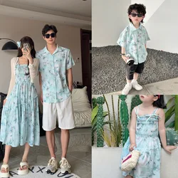 Boho Family Matching & Couple Outfits Light Blue Butterfly Print Dress & Aloha Shirt Set for Mom Dad Kids Vacation Photoshoot
