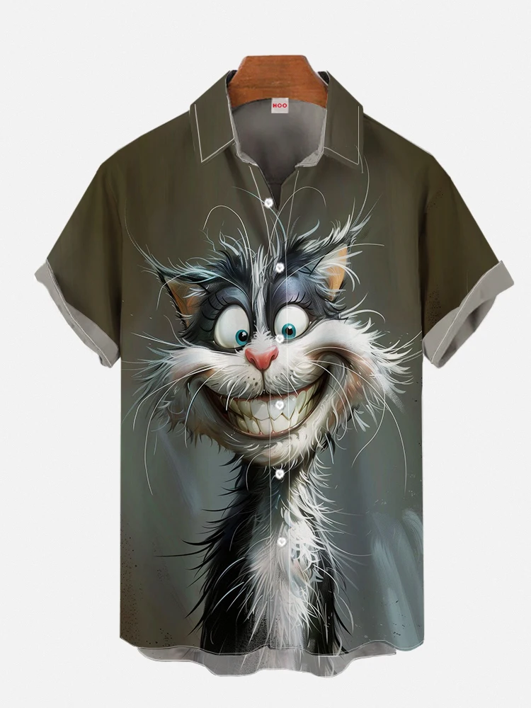 Hawaiian Funny Animals Smiling Furry Cat Printing Short Sleeve  Shirts For Men Clothes Casual Shirt Vacation Blouses Tops