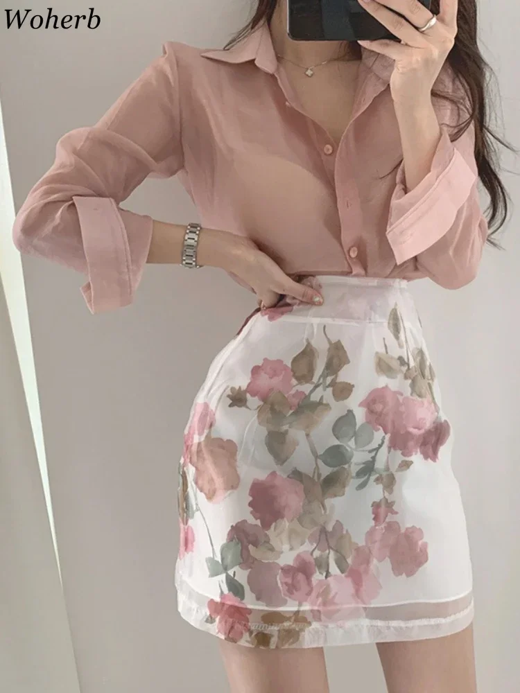 Korean Chic Translucent Thin Blouse Floral Print Womens Summer Elegant Office Lady Outfits Shirt 2024 Casual Solid Blusas Femme