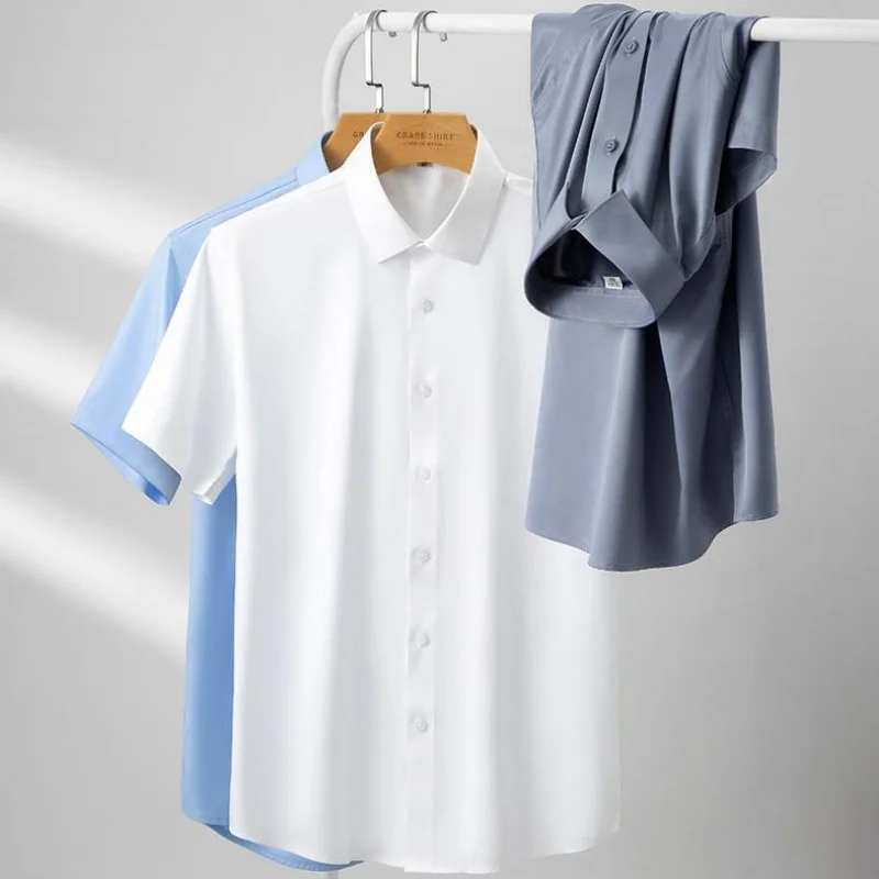 New Stretch Anti-Wrinkle Men's Shirts Short Sleeves Dress Shirts For Men Slim Fit Camisa Social Business Blouse White Shirt