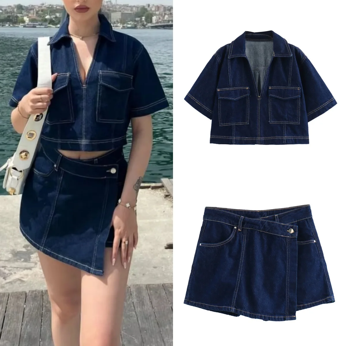 

Zark Y2k Vintage 2024 Women's Fashion Flap Pocket Decoration Short Lapel Slim Denim Top + Asymmetric Denim Skirt 2 Piece Set
