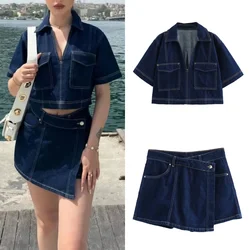 Zark Y2k Vintage 2024 Women's Fashion Flap Pocket Decoration Short Lapel Slim Denim Top + Asymmetric Denim Skirt 2 Piece Set