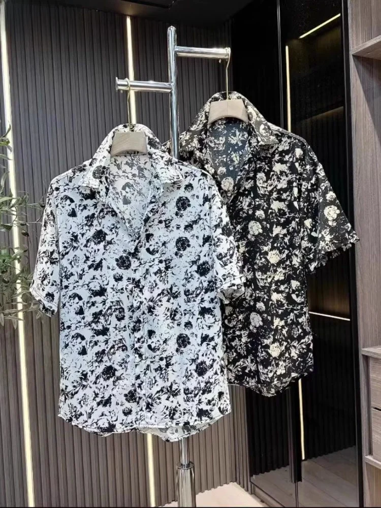 

Summer Floral Print Loose Fit Men's Shirt Half Sleeve Breathable Comfortable Polyester Fiber round Neck Regular Length