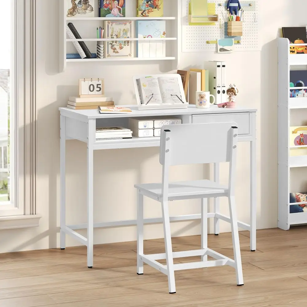 

Kids Desk and Chair Set, Student Writing Desk, Kids Study Desk with Book Sorter and Fabric Drawer, Kids Wooden Study Table, for