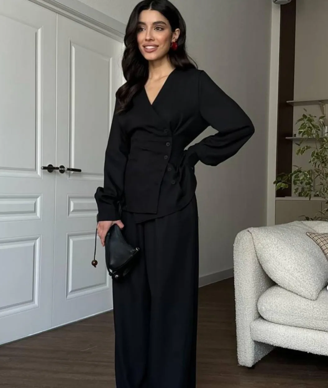 

Elegant Shirt Pants Women's Set V-neck Lace Up Button Shirts Wide Leg Trousers Female Sets 2026 Summer Casual Chic Lady Suit