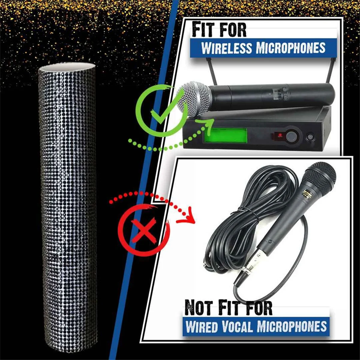 غطاء مقبض الميكروفون، غطاء مقبض ميكروفون بأحجار الراين اللامعة للحفلات والتلفزيون، لمعظم الميكروفونات اللاسلكية، أسود ST