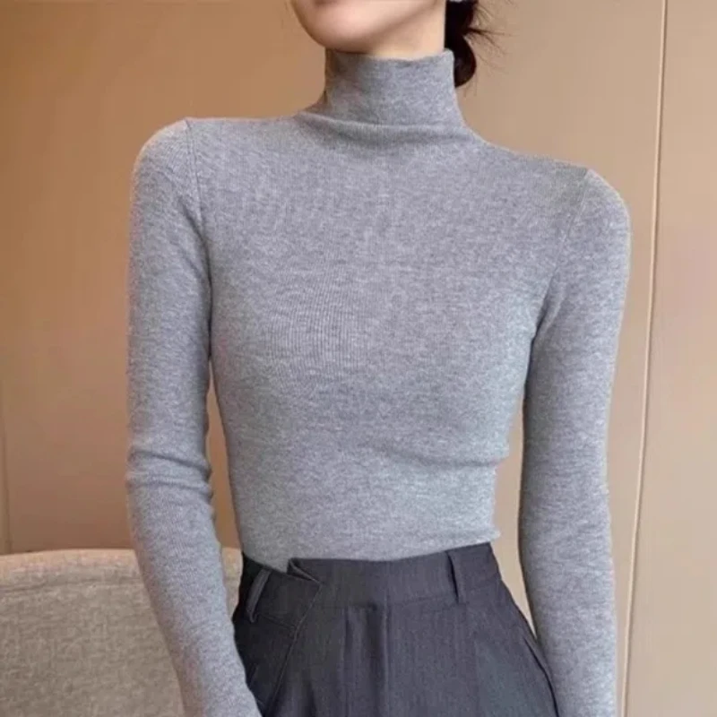 Autumn Winter New Solid Color Turtleneck Long Sleeve Sweater Women High Street Casual Slim Pullovers Elegant All-match Tops