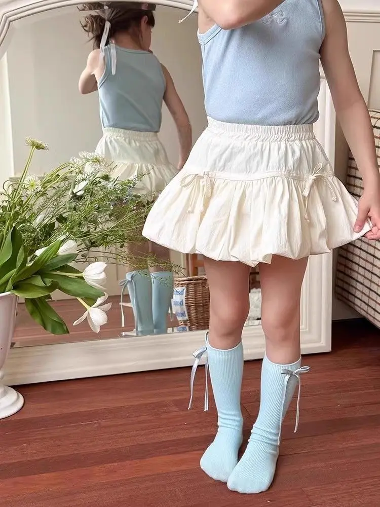 女の子の花のつぼみ半身スカート 2025 夏の新しいトレンディな子供の甘くてかわいいリボンショートスカート