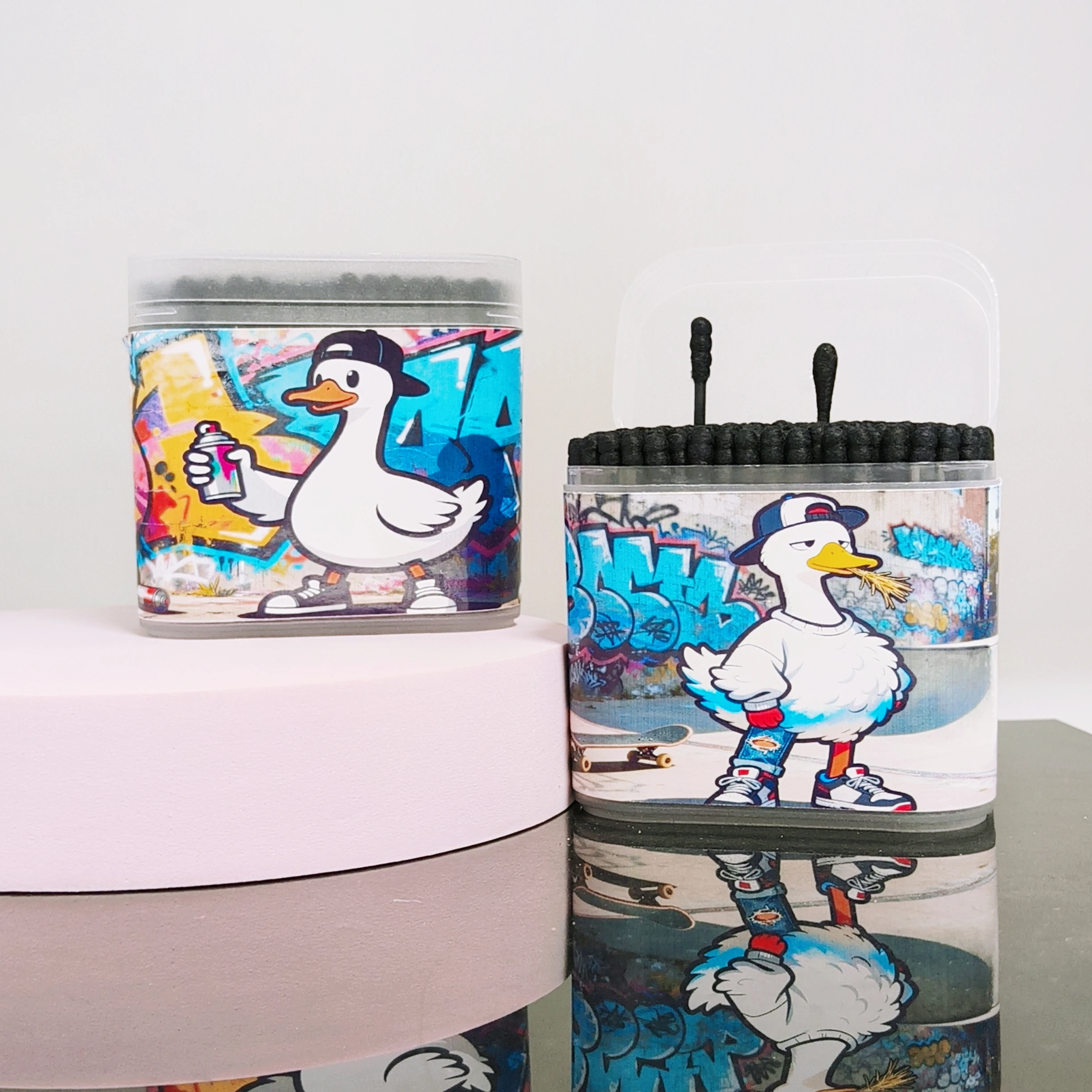 400개(2박스) 그래피티 스타일 거위 무늬 라이프 코튼볼 블랙 박스형 양면 면봉