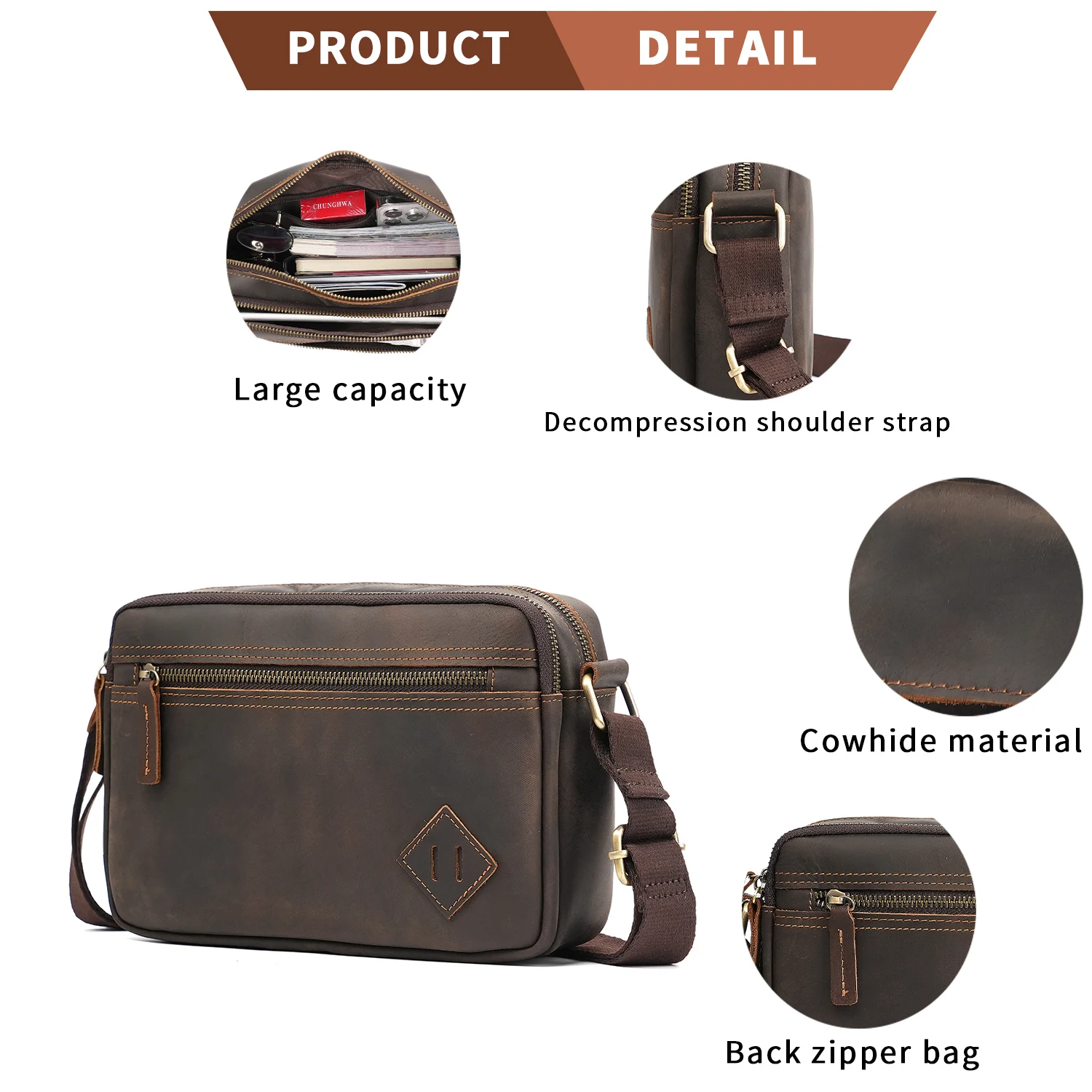 YATBEST Men's Shoulder Bag Leather Large Capacity Business Crossbody Bag Versatile Multi Pocket Zipper for Daily Commuting