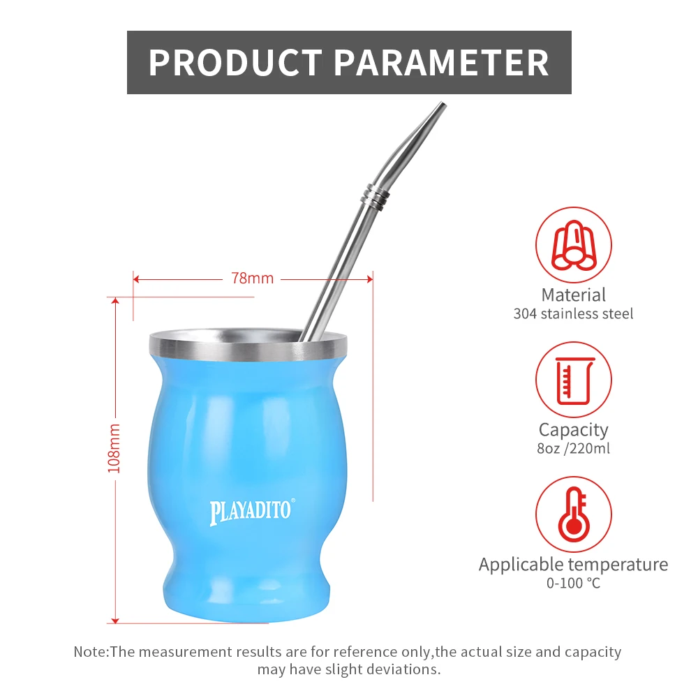 Imagem -03 - Playadito-copo Erva Mate Parede Dupla Cabaça Mate Argentina com Palha Bombilla Escova de Limpeza Aço Inoxidável 304 8oz
